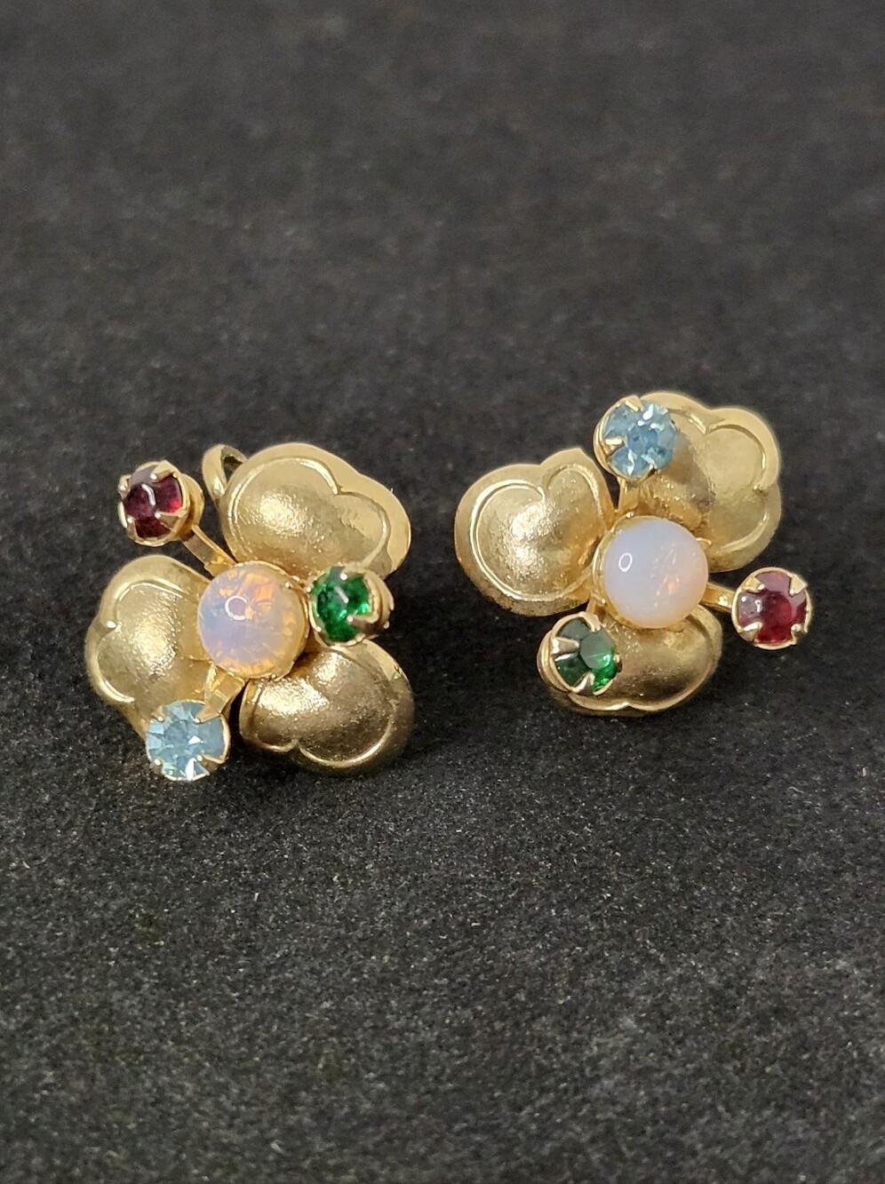 Vintage Gold Floral Opal & Multi-Gem Screw Back Earrings